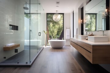 Fototapeta na wymiar Achieve minimalist luxury with a wall-mounted double vanity