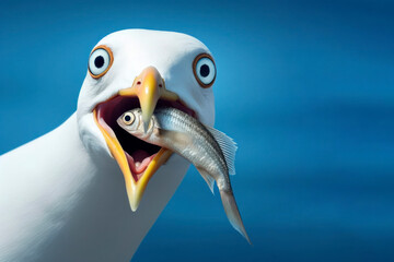 Close up photo of a surprised seagull has a fish in its beak on blue background. ai generative