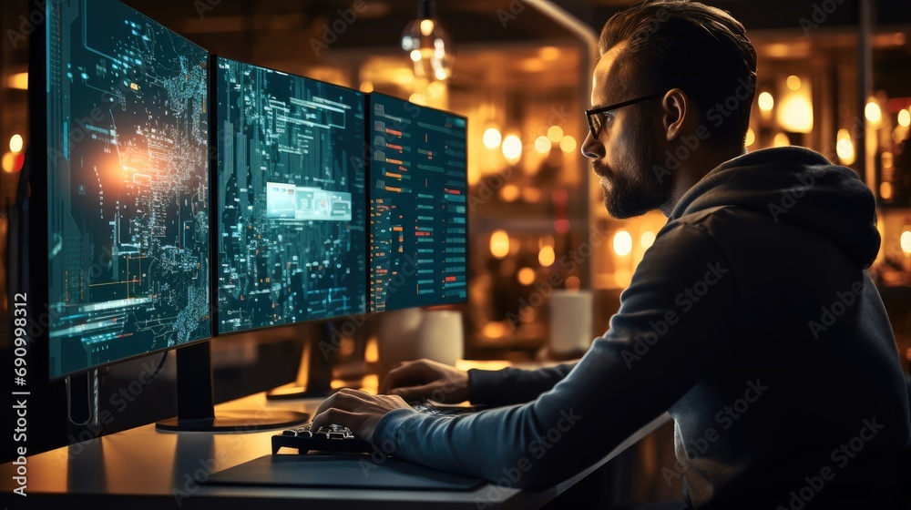 Leinwandbilder Developer programming computer for coding software script or cyber security in office, Technician person with technology for code future and data analytics.