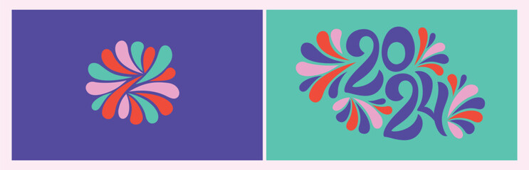 Happy new year 2024 vector set. Handwritten lettering text design with modern unique and creative concept. Colorful bright design, trendy style, 2024 calendar. Icon or poster idea. 