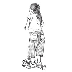 Illustration Sketching ฺGirl learning to play scooter. people concept.