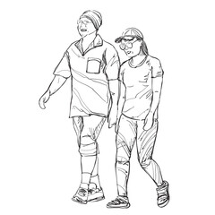 Illustration Sketching Husband and wife couple walk for exercise in the park people concept.