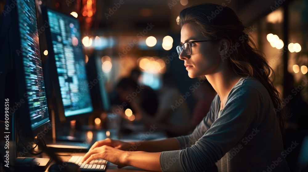 Aufkleber Focused developer coder in glasses working on computer looking at programming code data.
