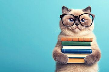 funny smiling cat school with glasses hold books on blue background. ai generative - obrazy, fototapety, plakaty