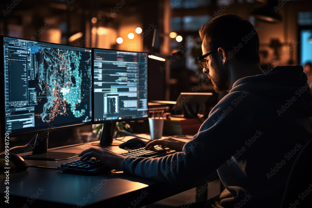 Poster Coding and programming concept with a developer working on a computer.