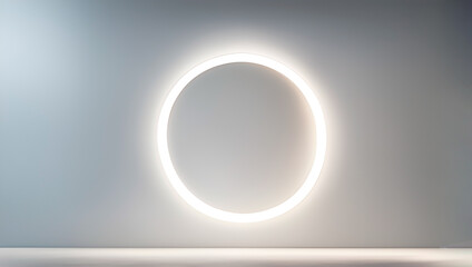 A round ring light on a wall of an empty white room.