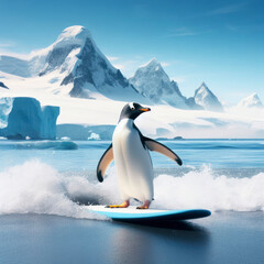 Penguin surfing the surfboard with Antarctica glacier in the background. ai generative - obrazy, fototapety, plakaty