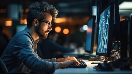 Male front end developer coding working at desktop computer. - obrazy, fototapety, plakaty