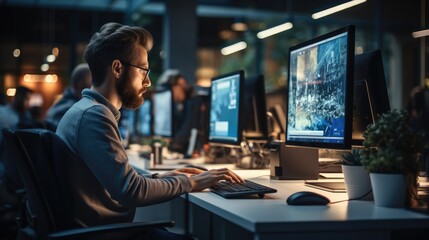Male front end developer coding working at desktop computer.