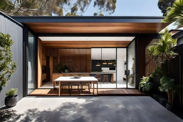 the renovation of a modern home extension in melbourne includes the addition of a desc, patio, and courtyard area. - obrazy, fototapety, plakaty