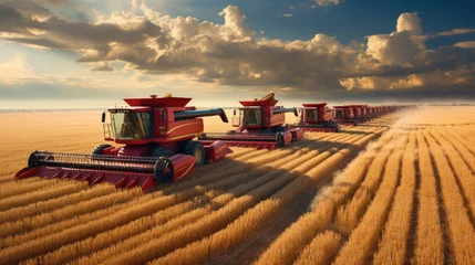 Papier Peint photo Prairie, marais ?ombine harvester harvesting wheat from the field