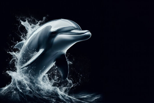 Photo of a Dolphin on black background with water splash. ai generative