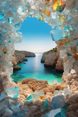 Crystal archway framing a secluded cove with turquoise waters - obrazy, fototapety, plakaty