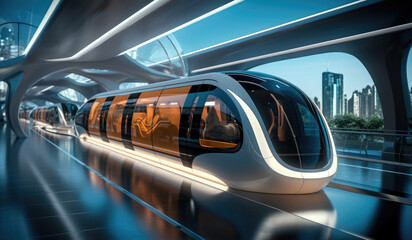 A futuristic transportation hub where passengers board hyperloop pods for high-speed, frictionless travel between cities, The infrastructure boasts sustainable and energy-efficient design.