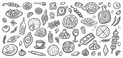 Vector collection of dishes of traditional Georgian cuisine: shish kebab, khinkali, khachapuri, wine, tortillas. The illustration is hand-drawn in the style of doodles.