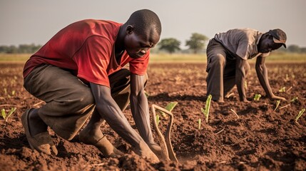 Manual harvesting process. African villagers work together to harvest crops. The community works in...