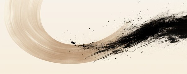 Black ink brush stroke on beige paper background.  - obrazy, fototapety, plakaty