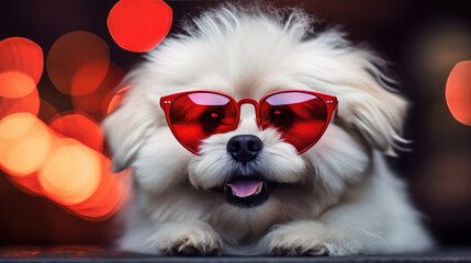 ?lose-up of a cheerful dog wearing red, heart-shaped sunglasses against a vibrant red background