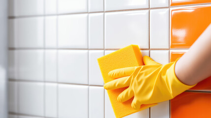 Close-up of a hand in a yellow cleaning glove holding an orange sponge, wiping down white ceramic tiles. - obrazy, fototapety, plakaty