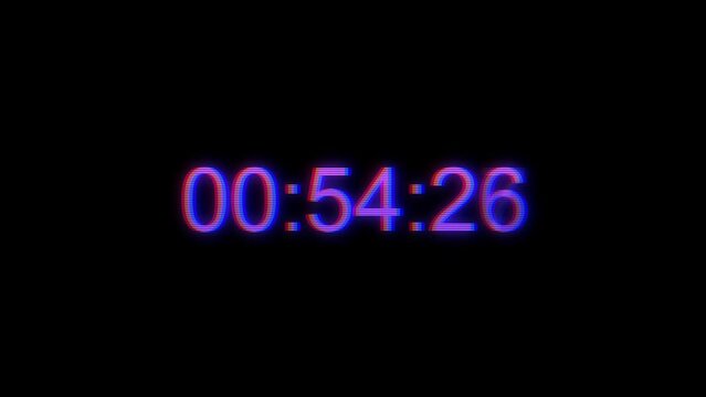 Timecode countdown glitch malfunction real time one minute 30 fps. Shimmering digits on black background Real time.