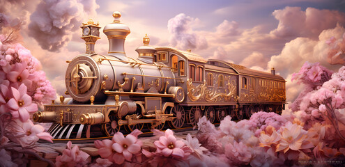 Magical fantasy train with pinky steam - obrazy, fototapety, plakaty