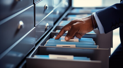 Close-up of a person in a business suit searching through open file drawers full of documents.