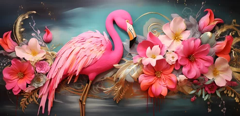 Foto op Canvas Pink flamingo with many flowers and blue background © noorofmyeyes