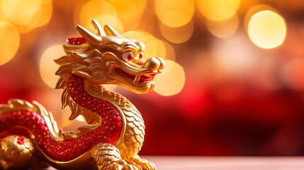 Fototapeta premium Golden Chinese dragon on a red bokeh background,Chinese newyear background