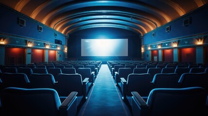 Naklejka premium Empty of cinema in blue color with white blank screen.