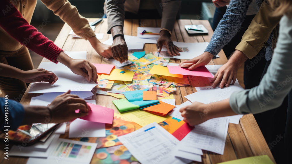 Wall mural group of professionals collaborating over a table filled with various papers, post-it notes