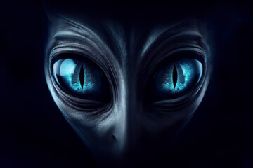 The mesmerizing eyes of an alien on dark background. ai generative