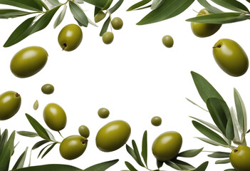 Green olives with leaves frame with copy space in center isolated on transparent or white background