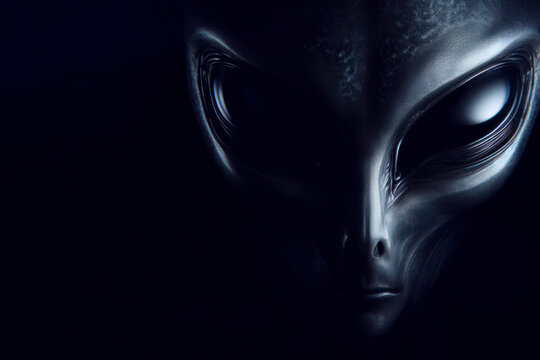 The mesmerizing eyes of an alien on dark background. ai generative