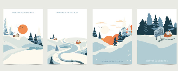 winter landscape background with mountain,tree.Editable vector illustration for postcard,a4 vertical size