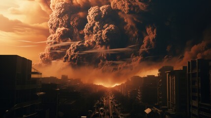 A cityscape in chaos as a volcanic eruption unfolds.