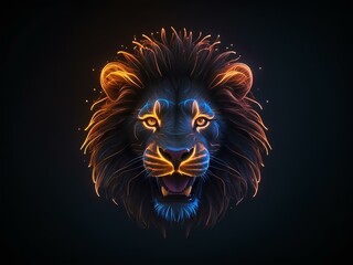 Obraz premium transparent glowing lion face, glowing lines, black background, for design, isolated