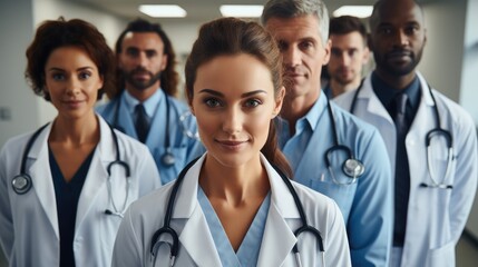 Fototapeta premium Different race and age doctors standing with team at hospital. Generative AI.