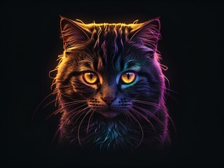 glowing cat face, glowing lines, black background, for design, isolated