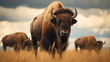 Papier Peint photo Lavable Buffle Shot of bison herd moving through a prairie storm. Generative AI.