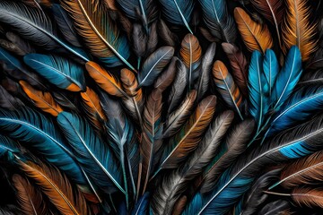 full frame of dark colorfully feather in dark solid color abstract background 