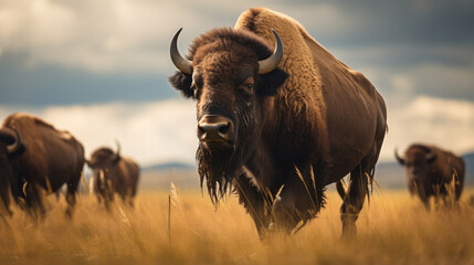 Shot of bison herd moving through a prairie storm. Generative AI.