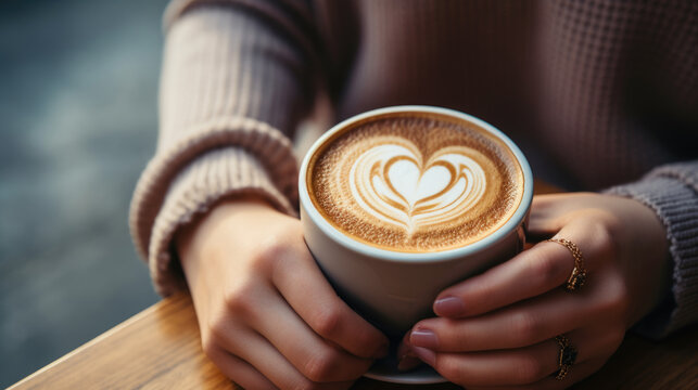Person's hand holding a blue cup of latte with artful foam