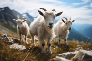 Obraz na płótnie Canvas Group of young goats playing near a mountain edge. Generative AI.