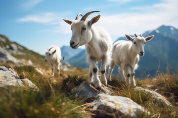 Group of young goats playing near a mountain edge. Generative AI.