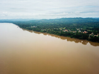 Aerial photography of the beautiful landscape along the Mekong River in Laos.opposite Chiang Khan District,