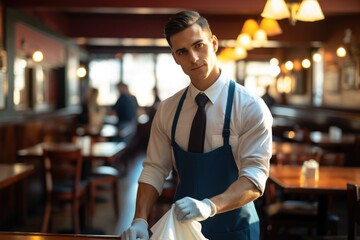 Fototapeta premium Waiter responsibly disinfects tables, Prioritizing customer well-being. Generative AI.
