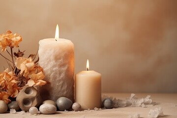 Fototapeta na wymiar Burning candle on beige background