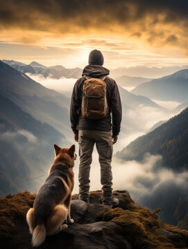 A dog and a man on a mountain. Generative AI.