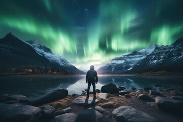 Rear view, A tourist man carrying a backpack is looking at a Aurora. Generative AI. - obrazy, fototapety, plakaty