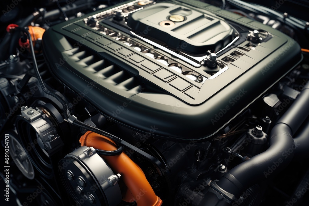 Poster Top view of engine in car. Generative AI.